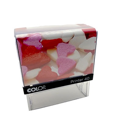 Sello Colop p40 con carcasa de diseño de caramelos con forma de corazón