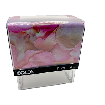 Sello Colop p40 con diseño de pétalos de rosa.